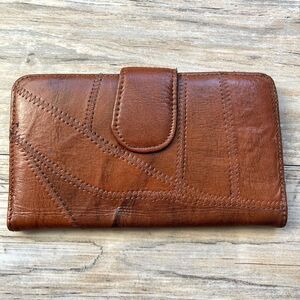 Genuine Leather Wallet Patchwork Stitching Light Brown Caramel Snap Coin Holder